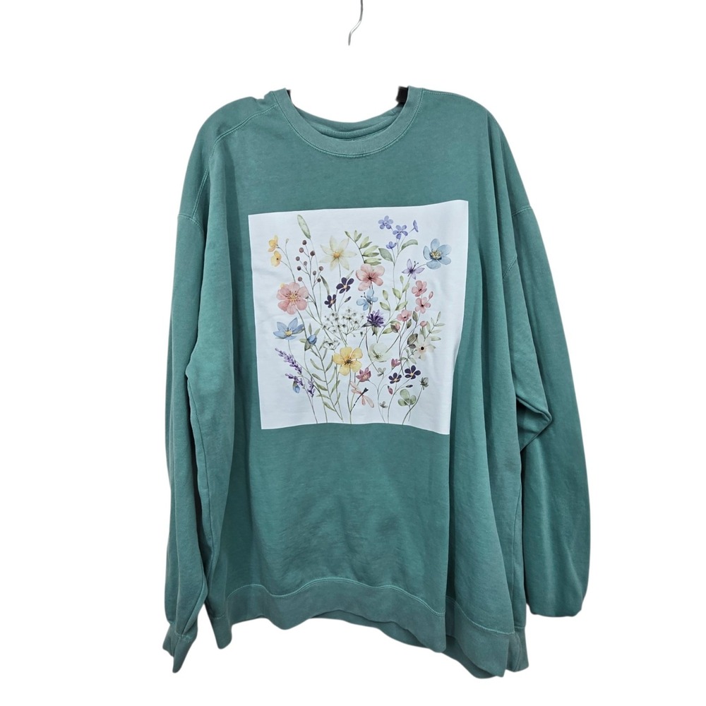 Comfort Colours Sweatshirt Floral Women 3XL Green Garden Wildflowers Heavyweight